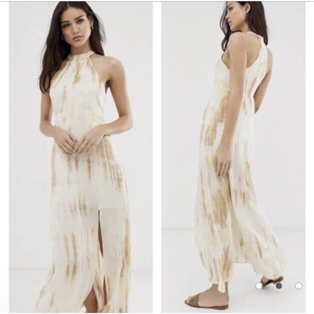 Stradivarius Women Tan Yellow Tie Dye Halter Maxi Dress Sz M High Neck Slit NWT